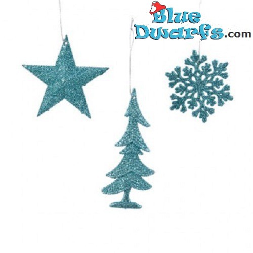 3 Christmas Hanger plastic glitter smurf blue (10-15cm)