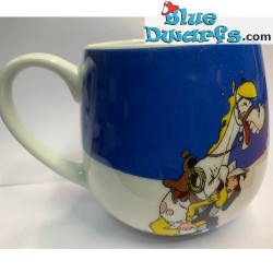 Taza azul de Lucky Luke – Cowboy Lucky Luke acrobático con Jolly Jumper – Porcelana – 0,42L
