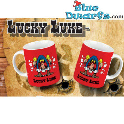 Lucky Luke Red Mug – Lucky Luke Shoots Upside Down Between the Legs – Porcelain – 0.42L