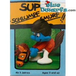 40214: Schlumpf auf Steckenpferd  - Super Schlumpf smurf -  (Super schlumpf/ MIB) - Schleich - 5,5cm