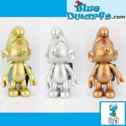 Schtroumpfs or, argent et bronze – 20 cm – Figurines Global Smurfday en vinyle – Lot de 3 avec tête et bras mobiles