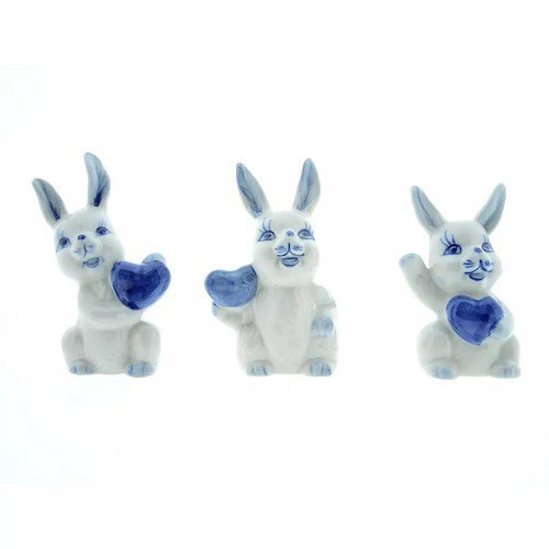 boeket Vriendelijkheid wang Delft blauw dieren: 3 Konijnen beeldjes keramiek (+/- 9cm)