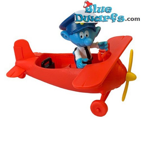 Piloot smurf met vliegtuig met rode vleugels - Beweegbare smurf - Smurfen Speelfiguurtje  - DeAgostini - 7cm
