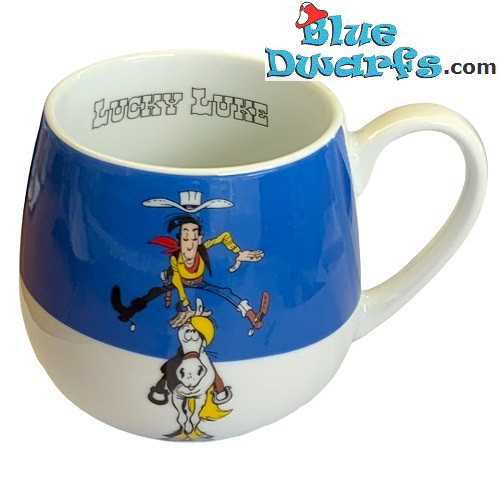 Taza azul de Lucky Luke – Cowboy Lucky Luke acrobático con Jolly Jumper – Porcelana – 0,42L