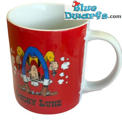 Tazza rossa Lucky Luke – Lucky Luke spara a testa in giù tra le gambe – Porcellana – 0,42L