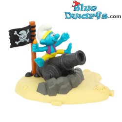 Piraat Smurf met piratenvlag en kanon +/- 6cm (2004/ Mc Donalds)