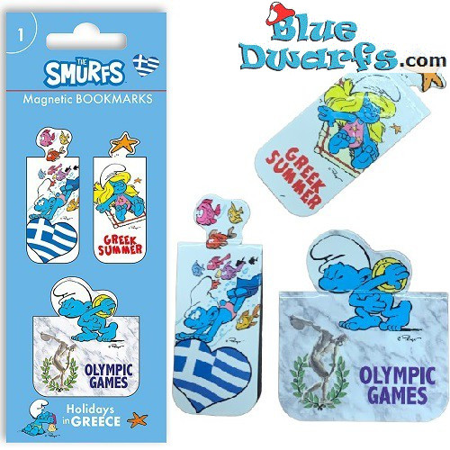 3x Segnalibri Magnetici dei Puffi - Puffetta, Puffo Nuotatore e Puffo Olimpico - Greci - 5 cm