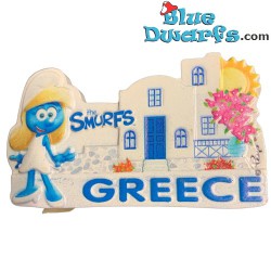 Smurf magnet - Smurfette in front of cycladic house - Greece - polyresin - 7x6cm
