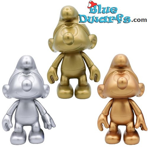 Puffi oro, argento e bronzo – 20 cm – Figure Global Smurfday in vinile – Set da 3 con testa e braccia mobili
