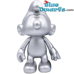 Pitufo plateado mate 20 cm – Figura Global Smurfday de vinilo – con cabeza y brazos móviles