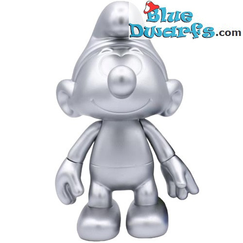 Puffo argentato opaco 20 cm – Figura Global Smurfday in vinile – con testa e braccia mobili