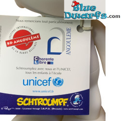 Couleur Blanche avec étiquette Unicef - Schtroumpf mobile - Vinyle Global Smurfday figurine  - couleurs mates - 20 cm