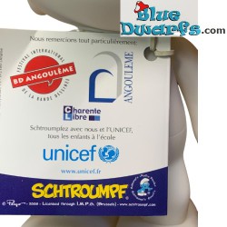 Plastic beweegbare witte smurf met tag - Unicef -  (+/- 20 cm)