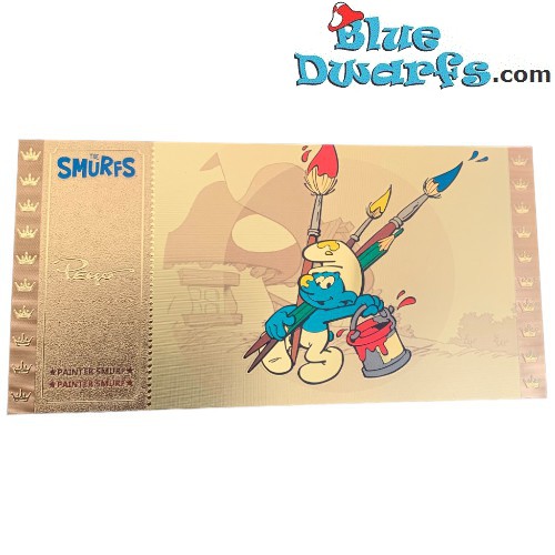 Smurfen - 1 Gouden / Golden ticket - Schilder Smurf   - Serie 1 - Cartoon Kingdom - 7,5x 15 cm