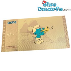 Smurfen - 1 Gouden / Golden ticket -  Trompet smurf  - Serie 2 - Cartoon Kingdom - 7,5x 15 cm