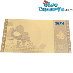 1 biglietto d'Oro /  Golden Ticket - Puffo giocherellone con presente - I puffi - Cartoon Kingdom - 7,5x 15 cm