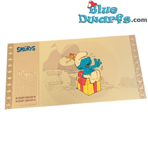 1 biglietto d'Oro /  Golden Ticket - Puffo giocherellone con presente - I puffi - Cartoon Kingdom - 7,5x 15 cm