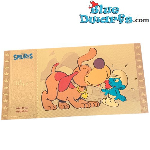 Smurfen - 1 Gouden / Golden ticket -  Puppy likt een smurf  - Serie 2 - Cartoon Kingdom - 7,5x 15 cm