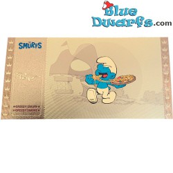Smurfen - 1 Gouden / Golden ticket -  Smulsmurf eet pizza - Serie 2 - Cartoon Kingdom - 7,5x 15 cm