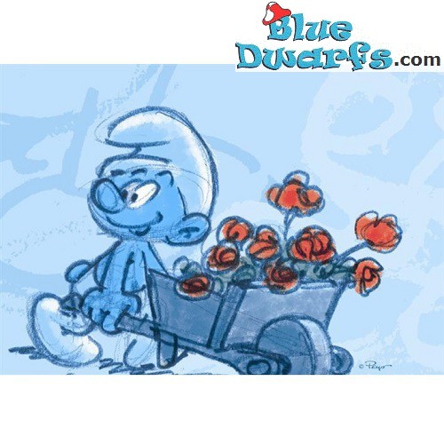 Postcard: Smurf with  Wheelbarrow and roses SKETCHED (15 x 10,5 cm)