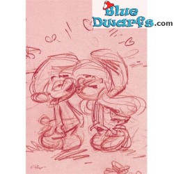 Postcard: Smurf get a kiss from smurfette SKETCHED (15 x 10,5 cm)