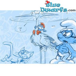 Postcard: Papa smurf with stork, Azrael and brainy SKETCHED (15 x 10,5 cm)