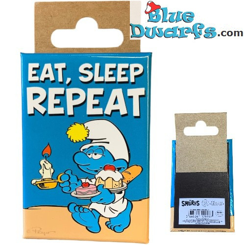 Imán- Los Pitufos - Pitufo goloso - Eat, Sleep, repeat - 8x5cm