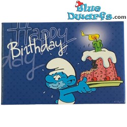 Schtroumpf aimant - Schtroumpf avec Gâteau d'anniversaire - The Smurfs - Happy Birthday - 8x5cm