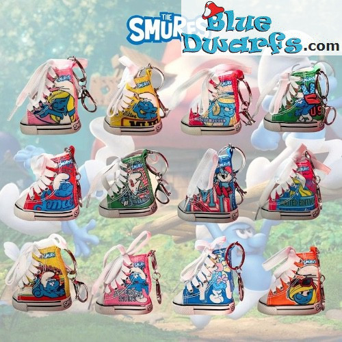 Set completo - mini scarpe di tela -12 Portachiavi in metallo - I Puffi - 7,5 cm