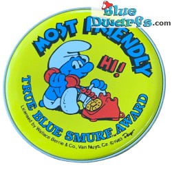 Smurfen button - Most Friendly - Smurf met telefoon - Smurf-Berry Crunch badge - True Blue Smurf award - 5cm