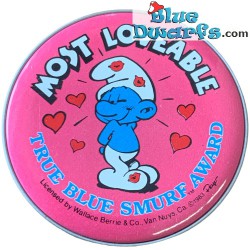 spilla a bottone dei puffi - Most Lovable - Smurf-Berry Crunch badge - True Blue Smurf award - 5cm