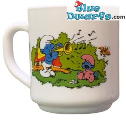 Vintage Smurf mug - Smurf with trumpet and smurfette with jumping rope - Ceramic - +/-7x9cm