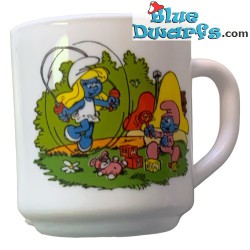 Vintage Smurf mug - Smurf with trumpet and smurfette with jumping rope - Ceramic - +/-7x9cm