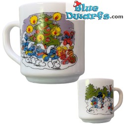 Retro Smurfenmok - Smurfen bij de kerstboom en sneeuwpop - De smurfen familie - Keramiek