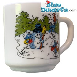 Retro Smurfenmok - Smurfen bij de kerstboom en sneeuwpop - De smurfen familie - Keramiek