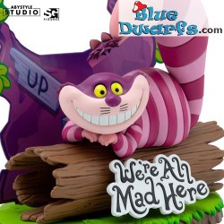 Cheshire Cat - Alice in Wonderland Figurine - With Glowing Eyes - Sitting on Tree Trunk