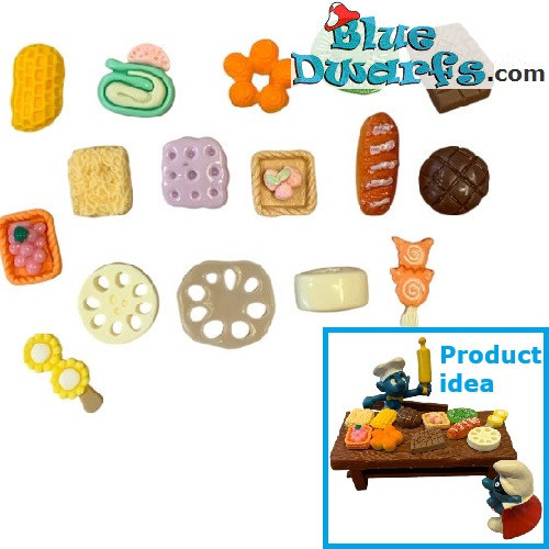 5x Cibo in miniatura a caso - Prodotto decorativo Puffi - Puffo non incluso - +/- 2x2cm