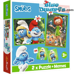 2 Puzles de los Pitufos y Juego de Memoria - Los Pitufos se divierten - 30, 48, 24 piezas