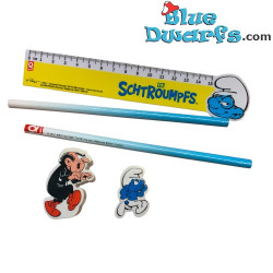 Quick Restaurant - Smurfen Schoolaccessoires - 2 Gummetjes / 2 potloden en Lineaal - Puntenslijper