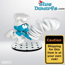 Smulsmurf met stapel borden rennend - kunstharsfiguur - Plastoy - 20 cm