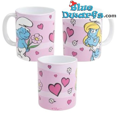 Los Pitufos - Taza - Pitufina con un Pitufo con flores y corazones - 320 ML