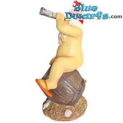 Zwerg mit Teleskop, sitzend auf einem Fass – Freche Zwergenfiguren – Polyresin – 31 cm
