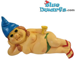 Zwergenmädchen seitlich liegend mit blauer Mütze – Freche Zwergenfiguren – Polyresin – 13,5 cm