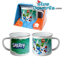 Foglia e I Puffi – Tazza smaltata dei Puffi – Serie TV I Puffi 2021 – Power Gift – Lingua inglese - 350 ML