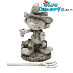 Schtroumpf Paysan avec râteau - Sculpture de jardin Schtroumpf - Pierre artificielle - 30 x 19 x 16 cm / 1,25 kg