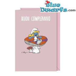 Pitufina sobre un hongo - Rosa - Tarjeta de cumpleaños de los Pitufos - Feliz cumpleaños - Cromo - 11,5 x 17 cm