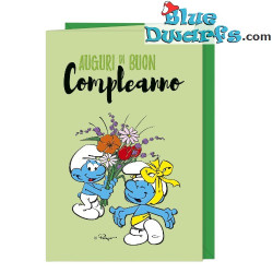 Schtroumpfs avec fleurs et un ruban - Carte d'anniversaire des Schtroumpfs - Langue italienne - Cromo - 11,5 x 17 cm