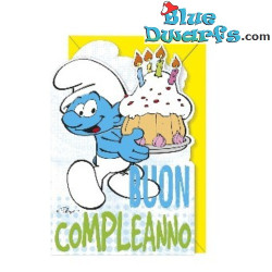 Schtroumpf Gourmand avec gâteau - Carte d'anniversaire gaufrée des Schtroumpfs - Joyeux anniversaire - Cromo