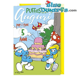 Smurfin en Smurf met taart - Verjaardagskaart met reliëf van de Smurfen - Italiaanse taal - Cromo - 11,5 x 17 cm