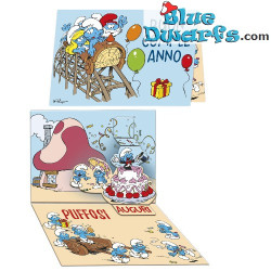 Pitufos en una Montaña Rusa - Tarjeta de cumpleaños desplegable de Los Pitufos - Cromo - 11,5 x 17 cm
